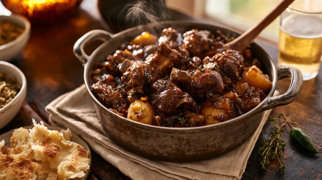 A rich Caribbean-style goat curry with tender meat on the bone in a dark, glossy sauce, served in a cast-iron pot with rice and peas and roti