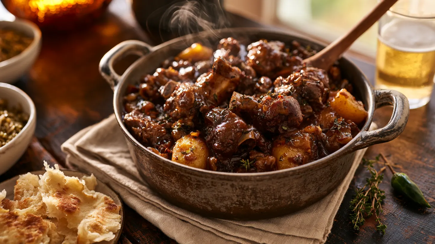 A rich Caribbean-style goat curry with tender meat on the bone in a dark, glossy sauce, served in a cast-iron pot with rice and peas and roti