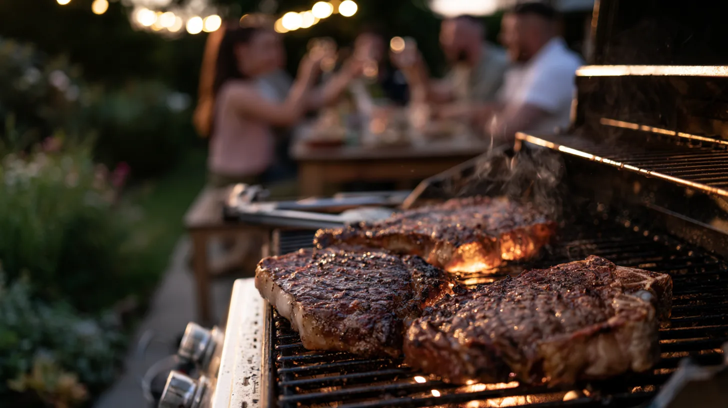 Three thick, well-marbled steaks searing on a large garden barbecue at golden hour, with friends blurred around a table behind