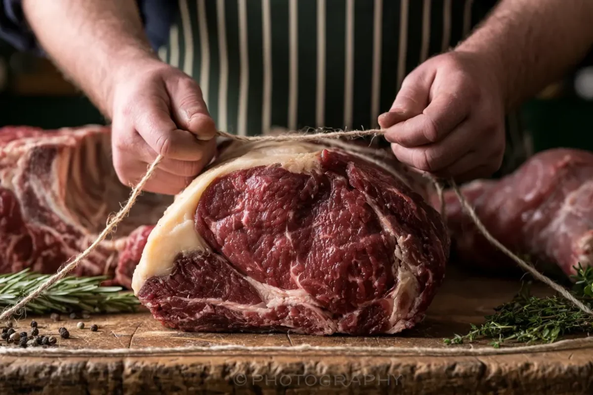 A heritage British butcher hand-tying a large bone-in cut of beef with butcher's string, alongside further roasting joints, at Abbey Meats of Leighton Buzzard — trade and carvery-scale cuts