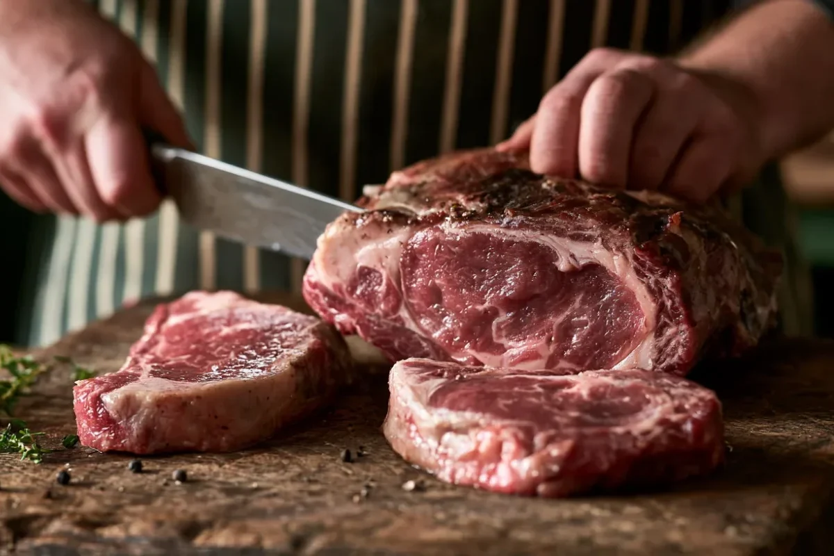 A butcher in a bottle-green striped apron hand-cutting thick ribeye steaks from a primal beef cut on a worn oak butcher's block at Abbey Meats of Leighton Buzzard