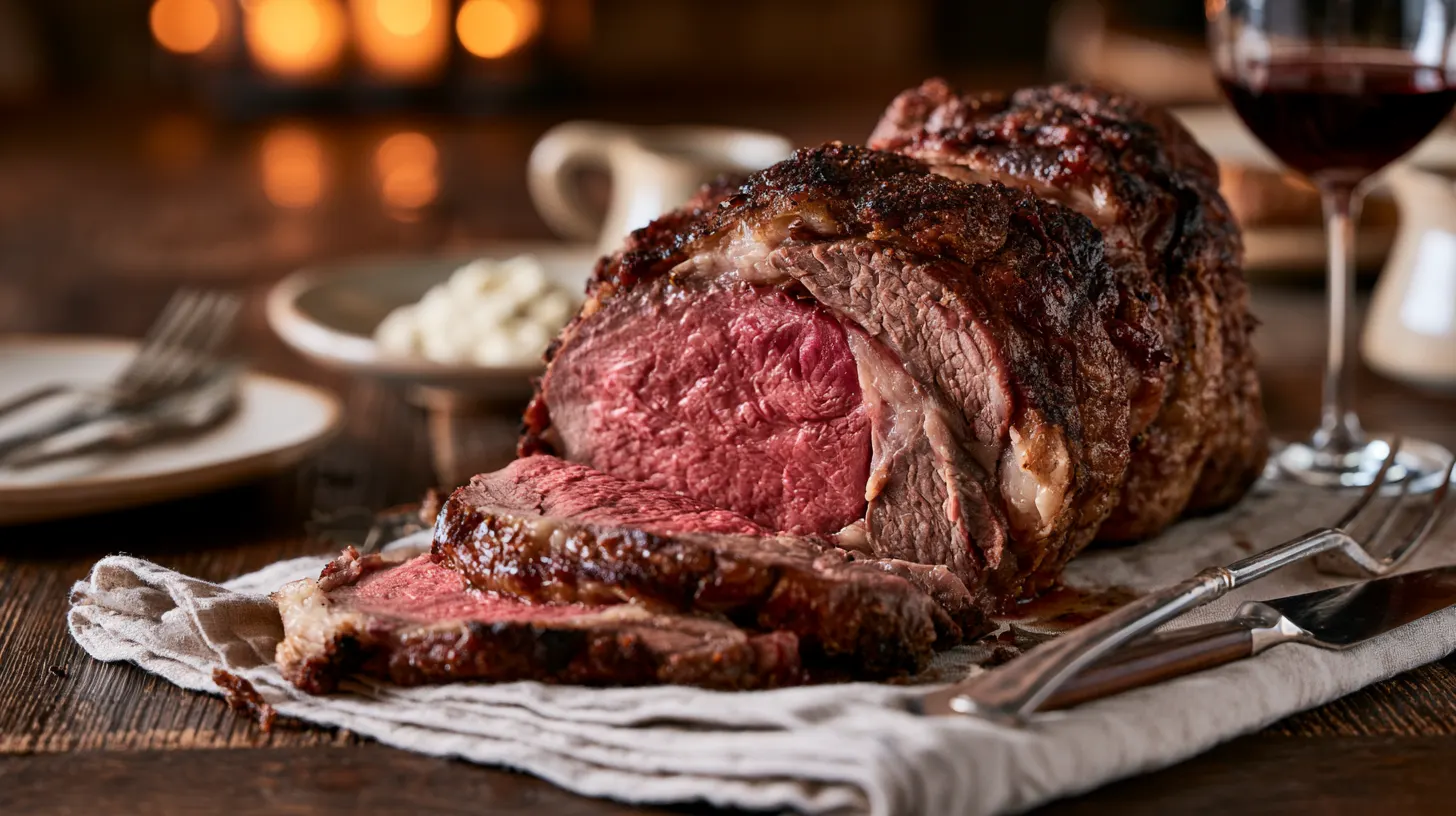 A carved rare roast beef joint on a rustic Sunday lunch table, with candles and red wine softly blurred in the background — Abbey Meats of Leighton Buzzard