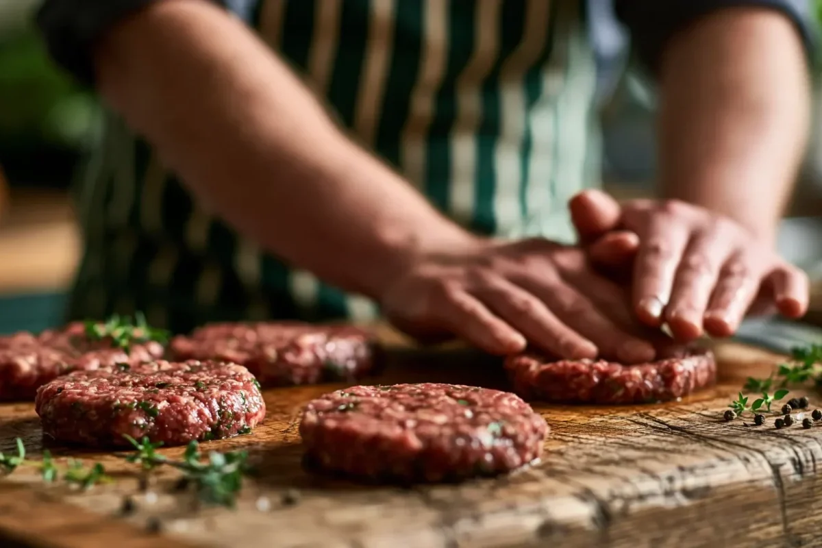 Butcher hand-pressing fresh beef burgers on the block at Abbey Meats, Leighton Buzzard