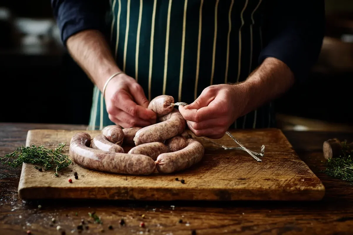 Abbey Meats butcher hand-linking fresh pork sausages in Leighton Buzzard