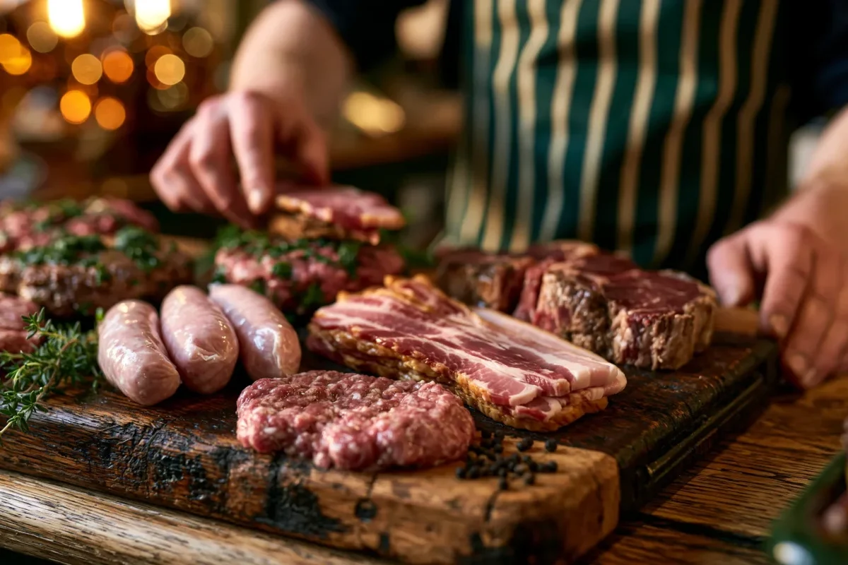 An Abbey Meats butcher carefully arranging a selection of fresh raw cuts including British pork sausages, back bacon and beef steak on an oak butcher's block