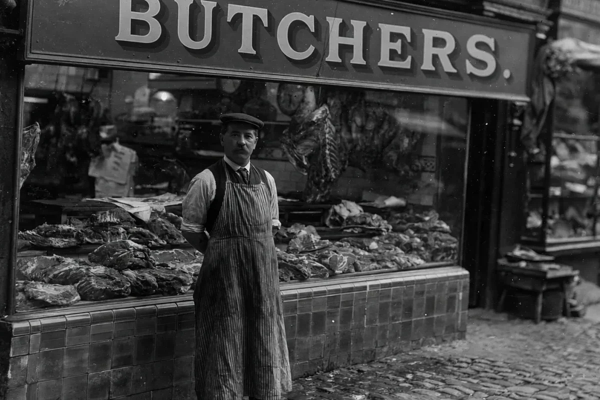 Historic style photograph of a butcher's shopfront, the heritage behind Abbey Meats of Leighton Buzzard, with the butcher standing outside in traditional apron