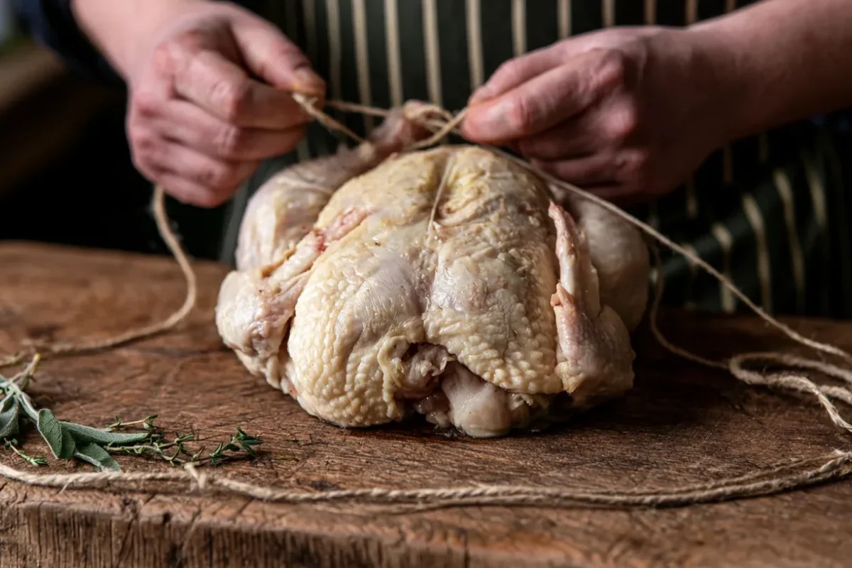 A heritage British butcher hand-trussing a plump whole chicken with string on a worn oak block — traditional poultry preparation at Abbey Meats of Leighton Buzzard.