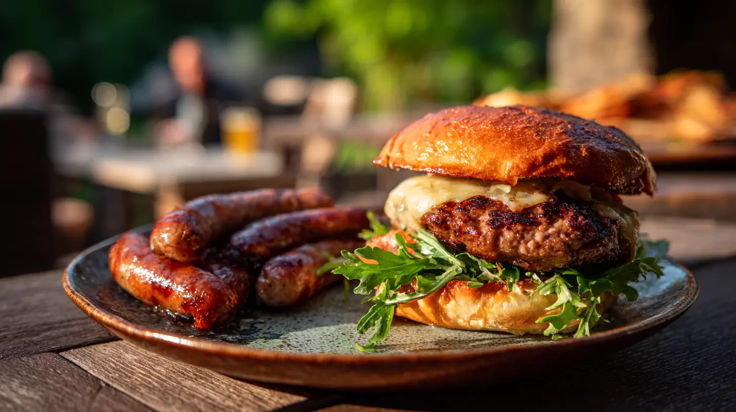 Gourmet cheeseburger and Cumberland sausages on a plate at an outdoor summer BBQ — Abbey Meats of Leighton Buzzard