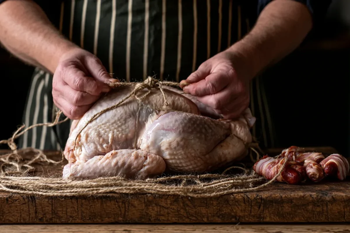 Heritage British butcher hand-trussing a prepared bronze turkey crown with butcher's string on an oak block — Abbey Meats of Leighton Buzzard Christmas butchery.