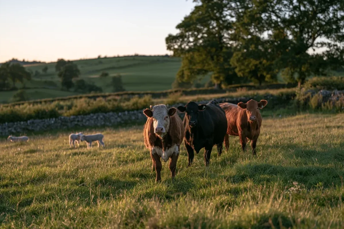 Native British beef cattle — a white-faced Hereford, black Aberdeen Angus and red Shorthorn — grazing with lambs on open pasture at golden hour, reflecting the high-welfare British sourcing behind Abbey Meats of Leighton Buzzard