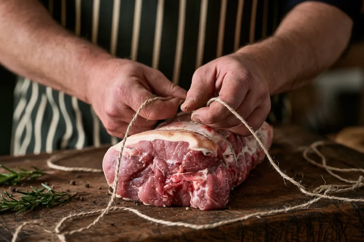 Heritage British butcher hand-tying a rolled lamb shoulder joint with butcher's string on a worn oak block, wearing a bottle-green and cream striped apron — Abbey Meats of Leighton Buzzard