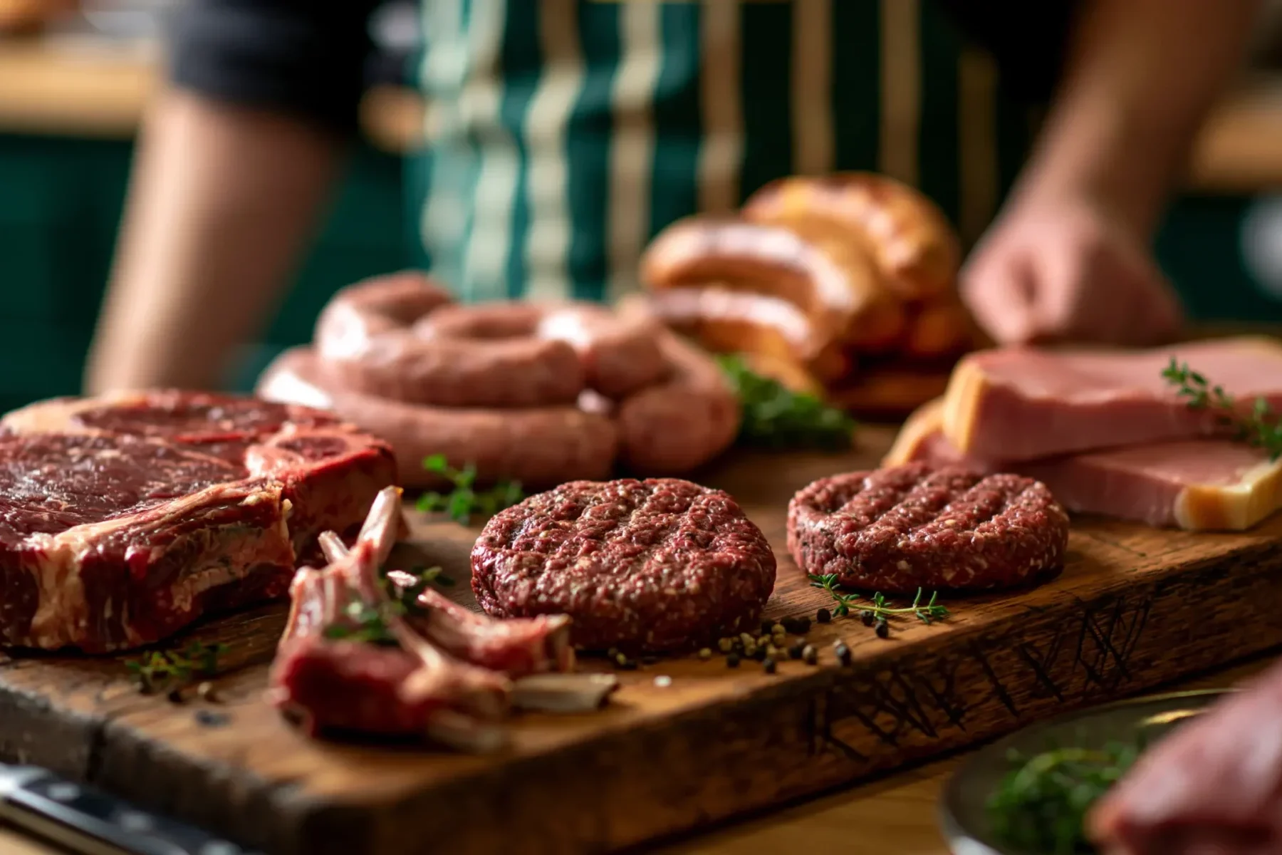 Butcher at Abbey Meats of Leighton Buzzard displaying freshly prepared cuts of British beef, pork sausages, burgers, gammon and lamb on a wooden butcher's block