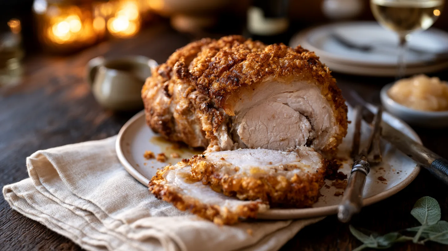 Roast rolled pork loin with crisp golden crackling, carved on a Sunday lunch table — Abbey Meats butchers, Leighton Buzzard