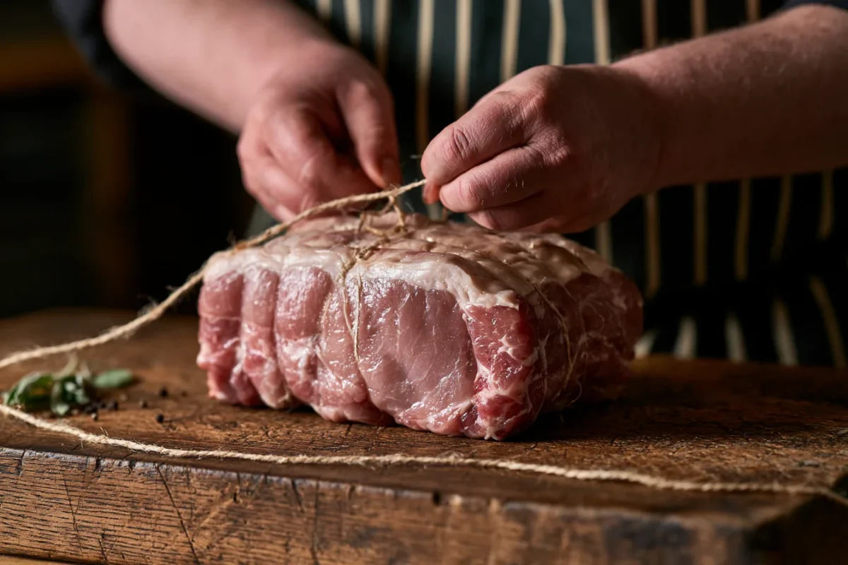 Abbey Meats butcher hand-tying a rolled pork loin with string on a traditional oak block