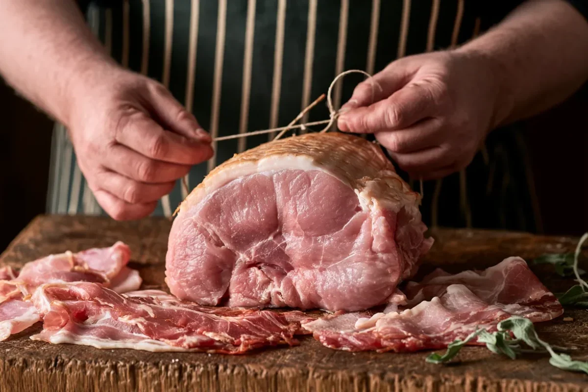Heritage British butcher in a bottle-green striped apron hand-tying a rolled gammon joint on an oak block with dry-cured bacon rashers fanned across the board — Abbey Meats of Leighton Buzzard.
