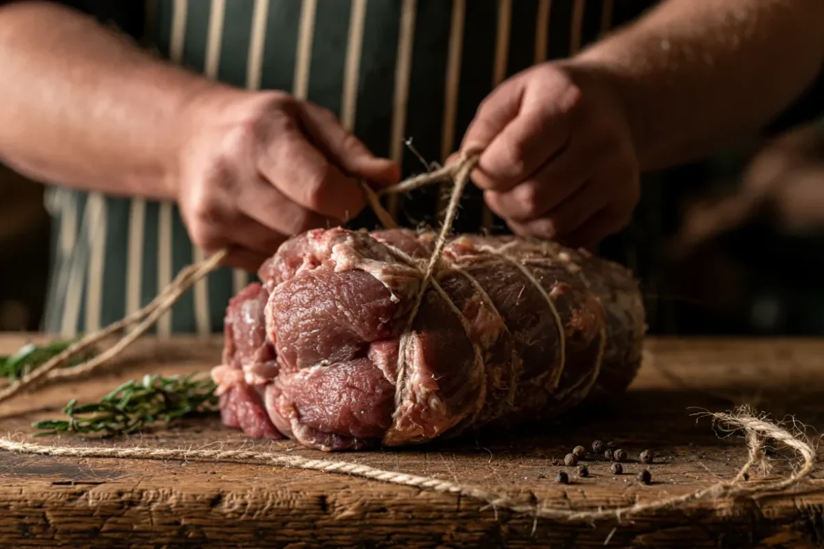 Heritage British butcher hand-tying a rolled goat shoulder joint with string on an oak block — Abbey Meats of Leighton Buzzard, est. 1820.