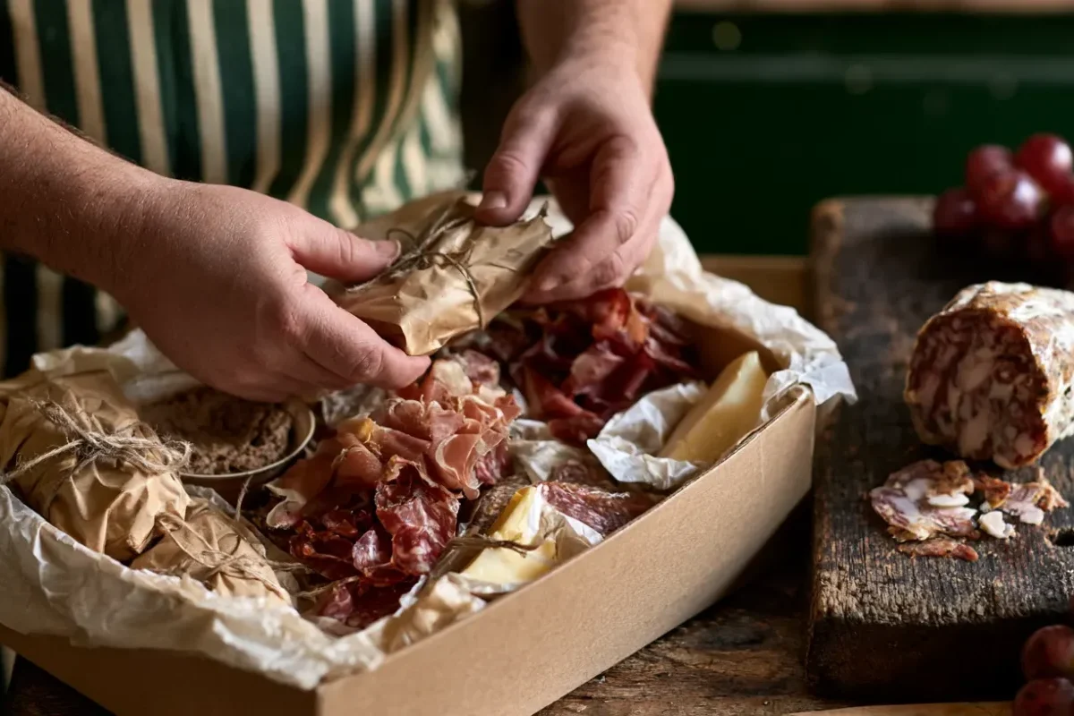 Butcher packing a charcuterie box with paper-wrapped parcels, cured meats and cheese on an oak block in Leighton Buzzard