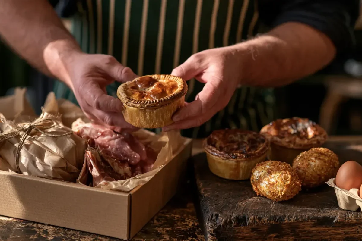 Butcher packing a pork pie into a lined delivery box beside fresh eggs on an oak block in Leighton Buzzard